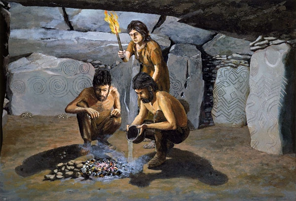 Barclodiad y Gawres, Ynys Môn, gan Paul Jenkins, tua 1980; Defod mewn bedd cyntedd Neolithig, tua 3,000 CC.