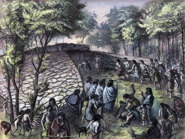 Siambr beddrod Neolithig Tinkinswood, Sain Niclas, Bro Morgannwg gan Alan Sorrell, 1940; Ailgread o olygfa gladdu yn y siambr gladdu Neolithig (tua 4,000-3,500 CC).