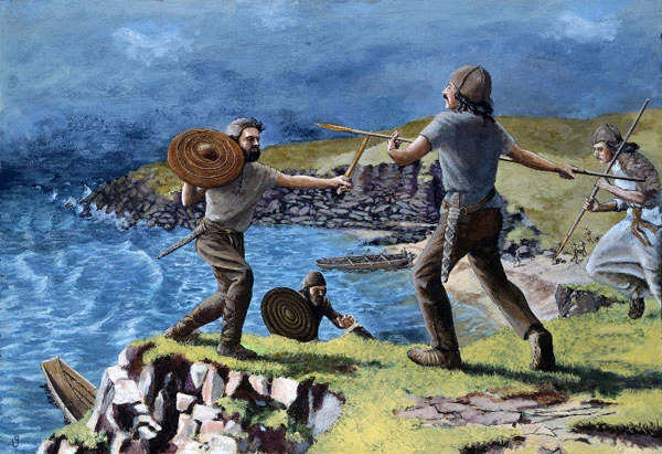 Deiliaid y Cleddyfau Cyntaf, ymladdwyr o gyfnod Penard tua 1,100 BC; gan Paul Jenkins, tua 1980.
