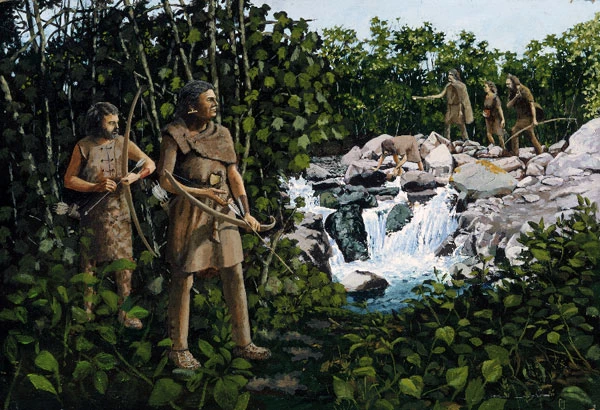 Rhyfelwyr 'Beaker' o'r Oes Efydd tua 2,500 CC; gan Paul Jenkins, tua 1980.