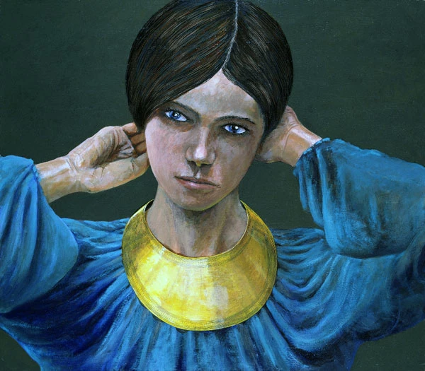 Tywysoges 'Beaker' yn gwisgo cilgant aur o Lanllyfni, Gwynedd (tua 2,000 CC); gan Paul Jenkins, tua 1980.