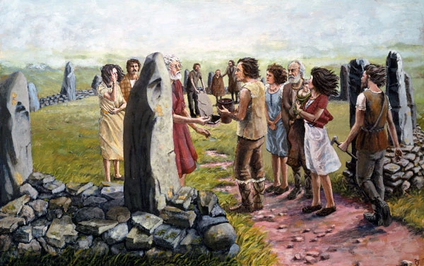 Claddedigaeth wrth gylch cerrig tua 1,750 CC wedi'i seilio ar Gylch y Derwyddon, Penmaenmawr, Gwynedd; gan Paul Jenkins, tua 1980.