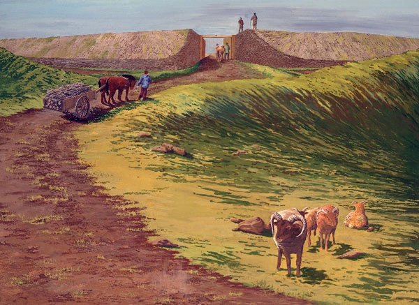 Y porth dwyreiniol o fryngaer Twyn-y-Gaer, Cymyoy, Sir Fynwy, 3edd ganrif CC; gan Paul Hughes, about 1980.