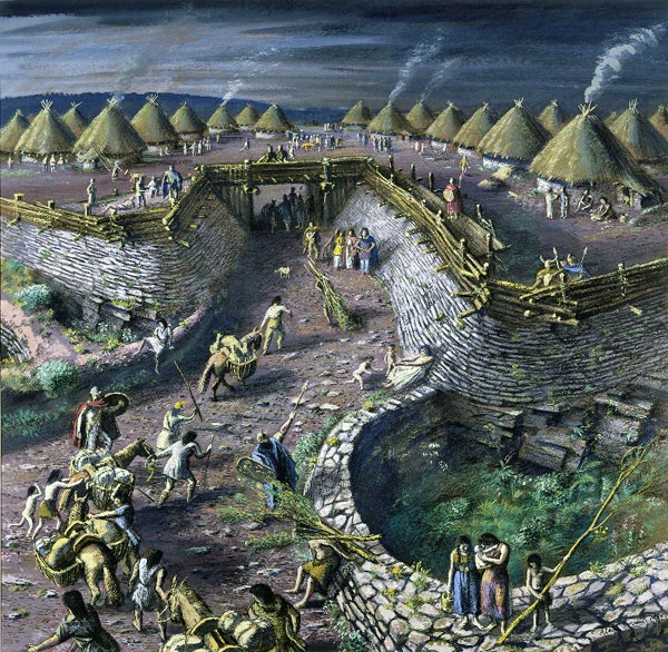 Y prif fynediad i fryngaer Oes yr Haearn yn Llanmelin, Sir Fynwy; gan Alan Sorrell, 1940.