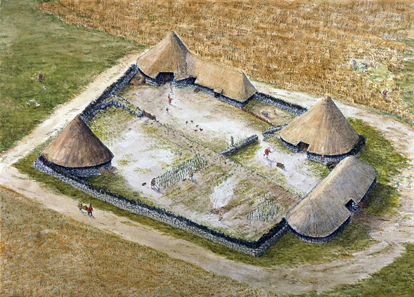 Annedd brodorol Cefn Graeanog, Gwynedd, yn y 4edd ganrif OC; gan Paul Hughes, tua 1980.