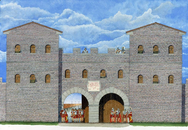 Porth gorllewinol Caer-went Rufeinig, Sir Fynwy; gan Tony Daly, 1996.