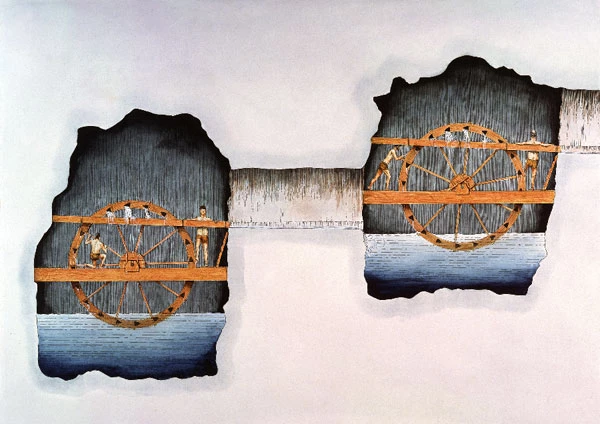 Olwyn ddraenio yng nghloddfa aur Rufeinig Dolaucothi, Sir Gaerfyrddin; gan Paul Hughes, tua 1980.