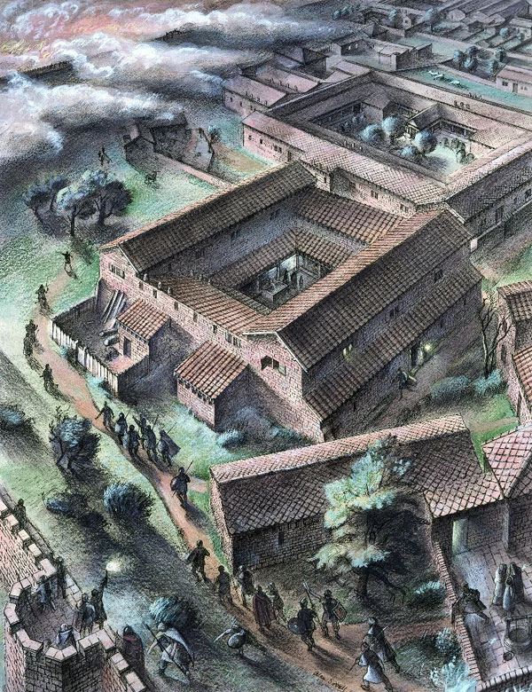 Tref Rufeinig Caer-went, Sir Fynwy. Ailgread dychmygol o ymosodiad ar gornel dde-orllewinol o'r dref; gan Alan Sorrell, 1938.