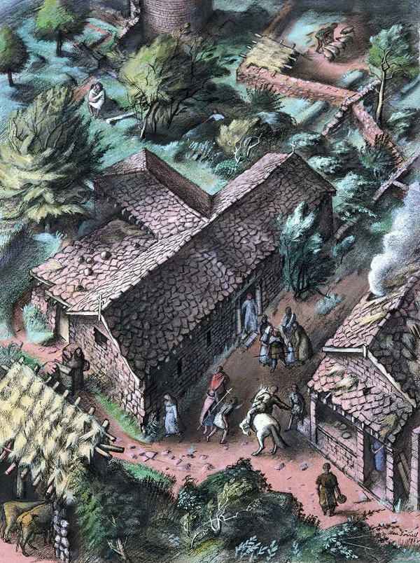 Tref Rufeinig Caer-went, Sir Fynwy. Ailgread dychmygol o'r eglwys ol-Rufeinig tebygol; gan Alan Sorrell, 1938. Mae ailgloriannu diweddar o'r dystiolaeth yn awgrymu nad yw'r adeilad o gyfnod is-Rufeinig, ond yn fwthyn ol-ganoloesol.