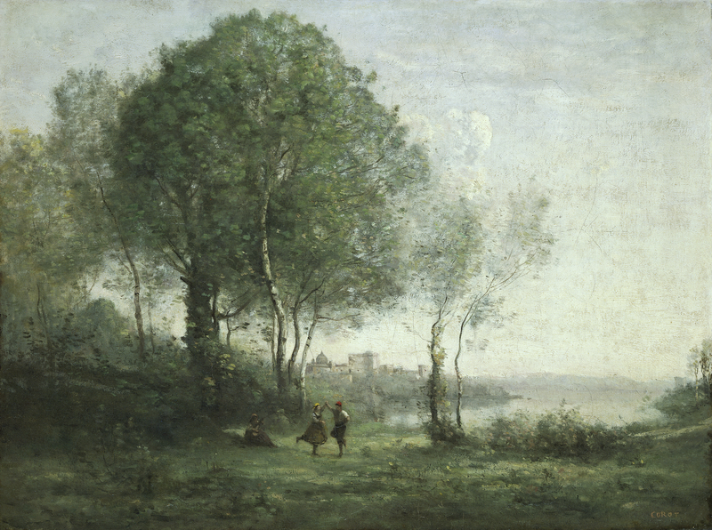 Jean-Baptiste Camille Corot (1796-1875), Castel Gandolfo, Bugeiliaid o'r Tyrol yn dawnsio ger Llyn Albano, olew ar gynfas, 1855-60