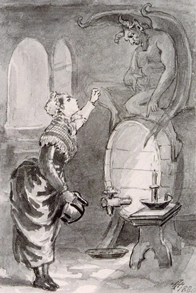 T.H.Thomas, 'Mrs Jones, the Devil and the supper beer' (1880), o 58, British Goblins; NMW A 11953, pin, inc a golchiad ar bapur.