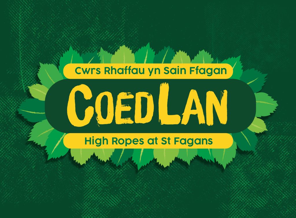 Logo Coedlan, Cwrs raffau uchel Sain Ffagan, ysgrifennu Melyn ar gefndir gwyrdd