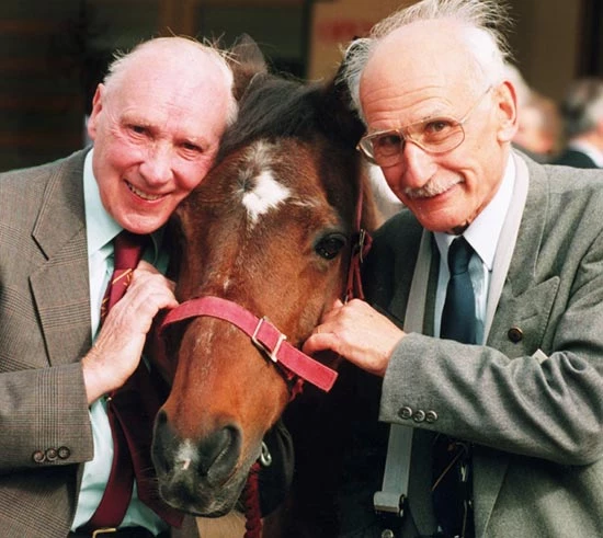 Ceffyl pwll wedi ymddeol gyda dau Fachgen Bevin yn yr aduniad blynyddol yng ngerddi Trentham, Stoke-on-Trent.