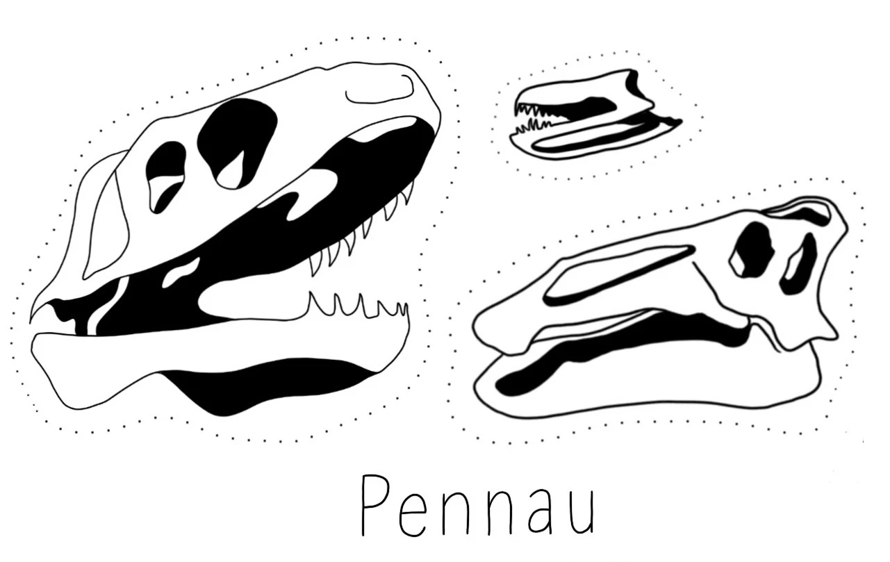 Llun inc o dri phenglog deinosor a'r gair 'Pennau'