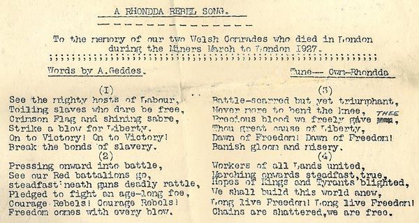 'A Rhondda Rebel Song' (alaw 'Cwm Rhondda')