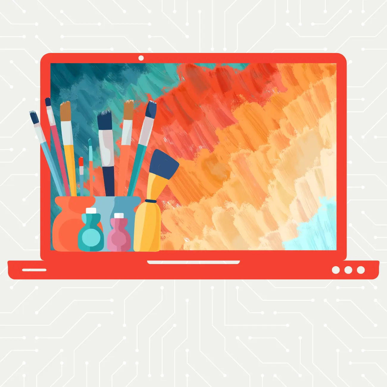 Delwedd cartŵn o samplau paent ar gynfas a brwsys paent mewn pot