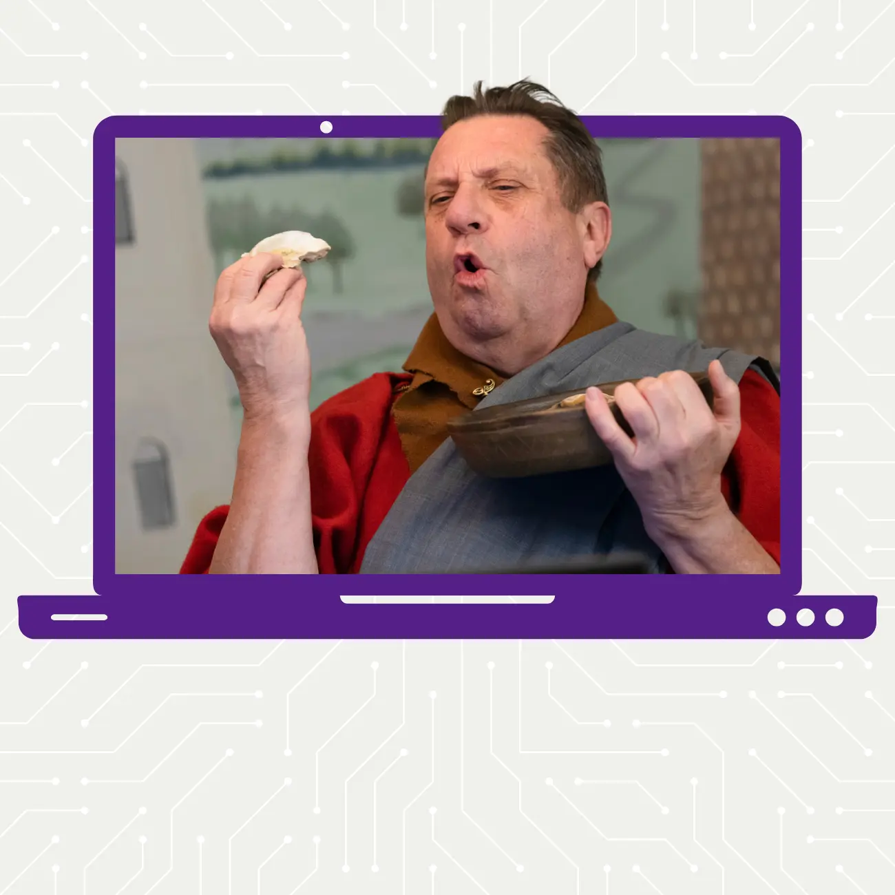 Dyn mewn gwisg Rufeinig yn bwyta wystrys o flaen camera