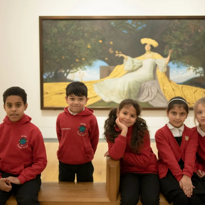 Llun o bump o blant ysgol yn eistedd ar fainc mewn oriel gelf