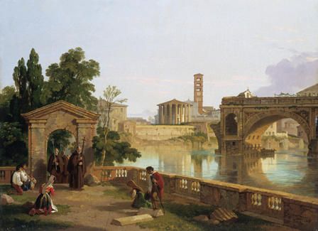 Afon Tiber gyda Theml Festa, Santa Maria yn Cosmedin a'r Ponte Rotto, o Gwfaint San Bartolomeo