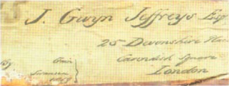 Label hanesyddol gyda'r arysgrif 'J. Gwyn Jeffreys Esq., 25 Devonshire Place, Cavendish Square, London'