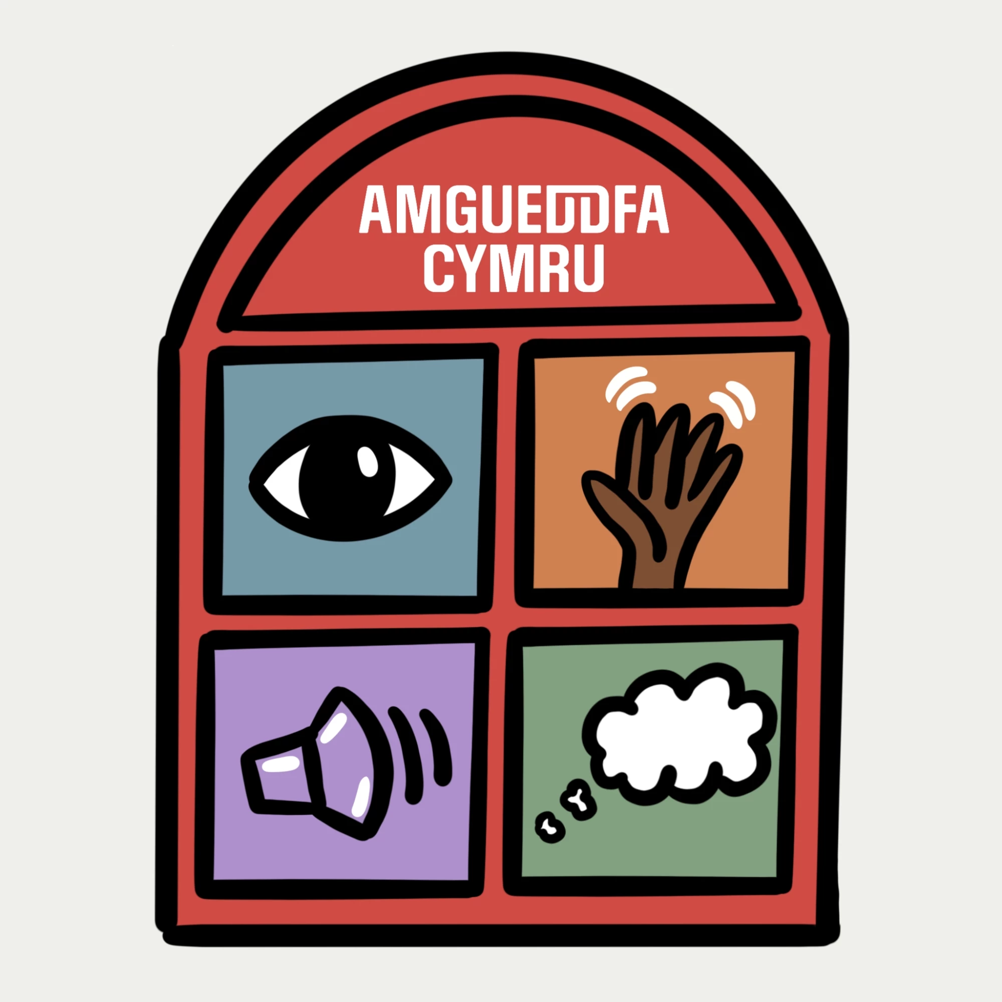 Logo ar gyfer Llwybr Celf Ymwybyddiaeth Ofalgar yn Amgueddfa Genedlaethol Caerdydd. Mae'n cynnwys darluniau cartŵn o lygad, llaw, uchelseinydd a swigen meddwl.