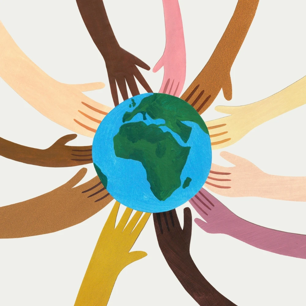 Darlun o lawer o ddwylo'n dal planed Ddaear