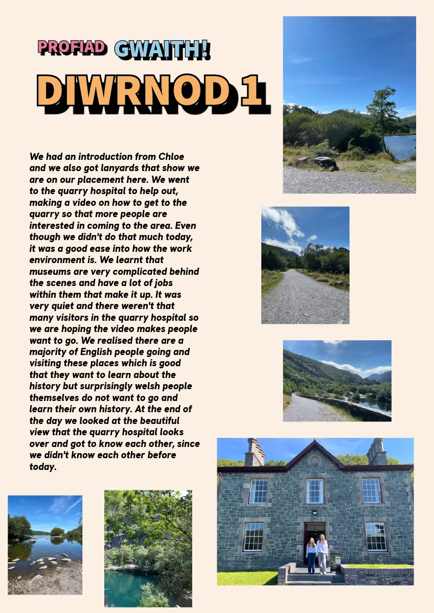 Testun yn disgrifio beth wnaeth myfyrwyr ar brofiad gwaith ar eu diwrnod cyntaf. 