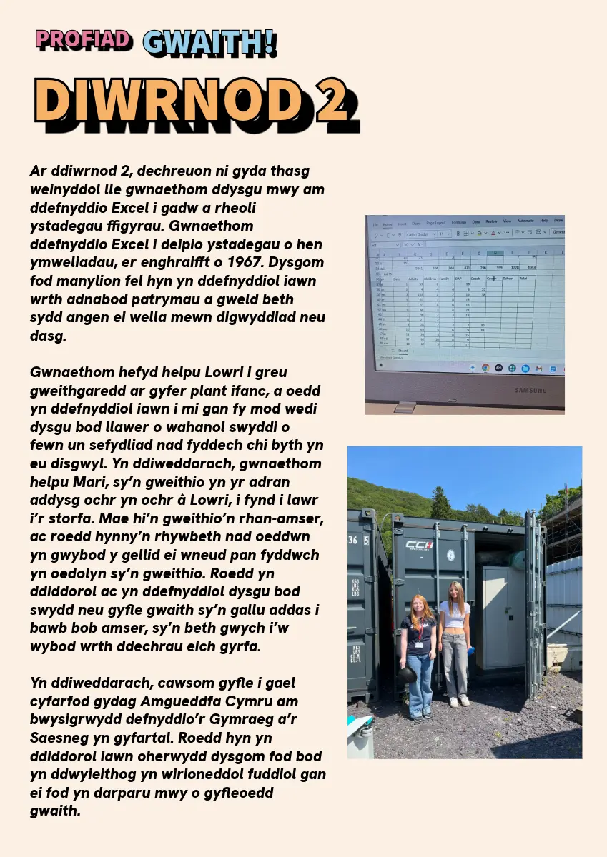 Testun yn disgrifio beth wnaeth myfyrwyr profiad gwaith ar yr ail diwrnod. 