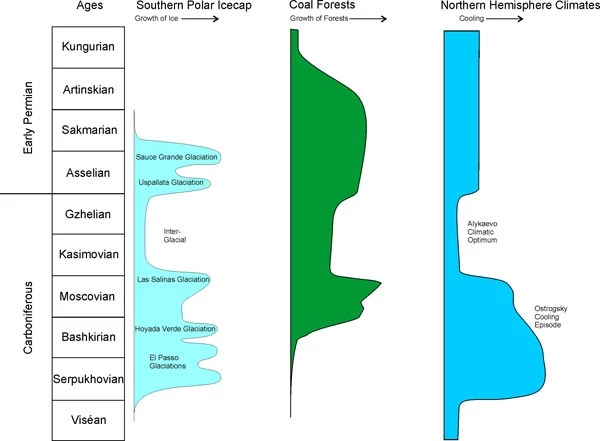 Cymhariaeth o sut yr amrywiai'r ardal a orchuddiwyd gan Fforest Lo dros amser, gyda thystiolaeth o newid yn yr hinsawdd yn y cyfnodau Carbonifferaidd diweddar a'r Permaidd cynnar.