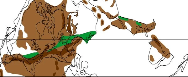 Map o'r tiroedd trofannol tua 300 miliwn o flynyddoedd yn ôl